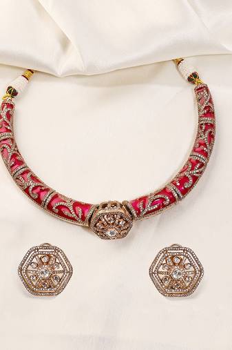 Gold plated kundan red stones necklace set