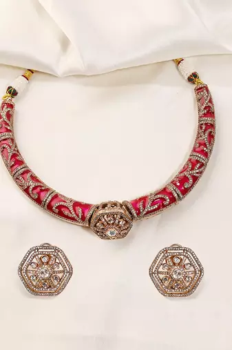 Gold plated kundan red stones necklace set
