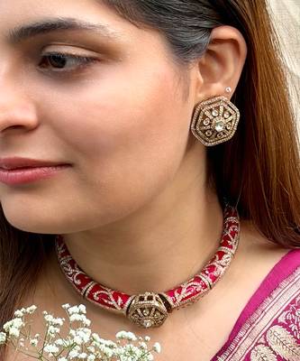 Gold plated kundan red stones necklace set 2