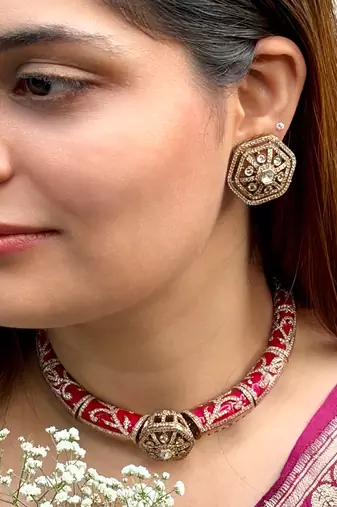 Gold plated kundan red stones necklace set
