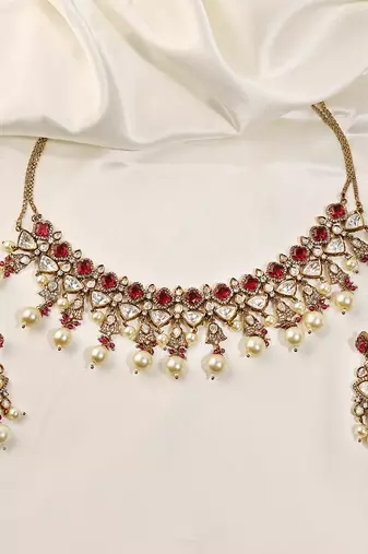 Gold plated kundan red stones necklace set