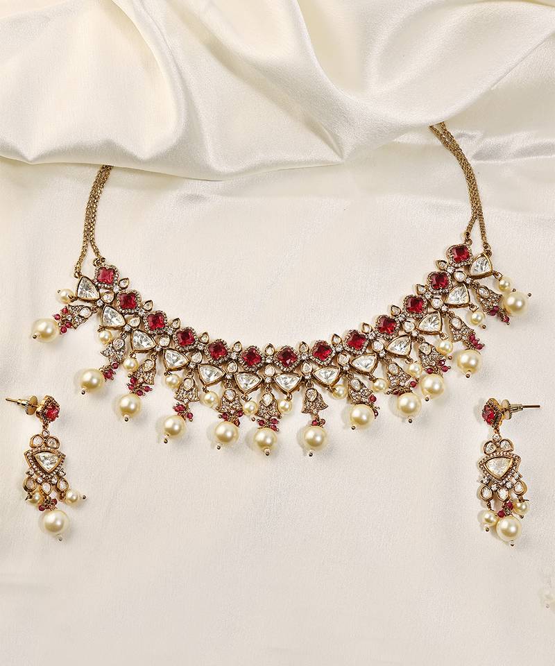 Gold plated kundan red stones necklace set