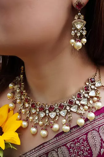 Gold plated kundan red stones necklace set