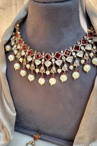 Gold plated kundan red stones necklace set