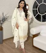 Women's Ivory Viscose Silk Kurta Set with Embroidered Neckline & 3/4 Sleeves