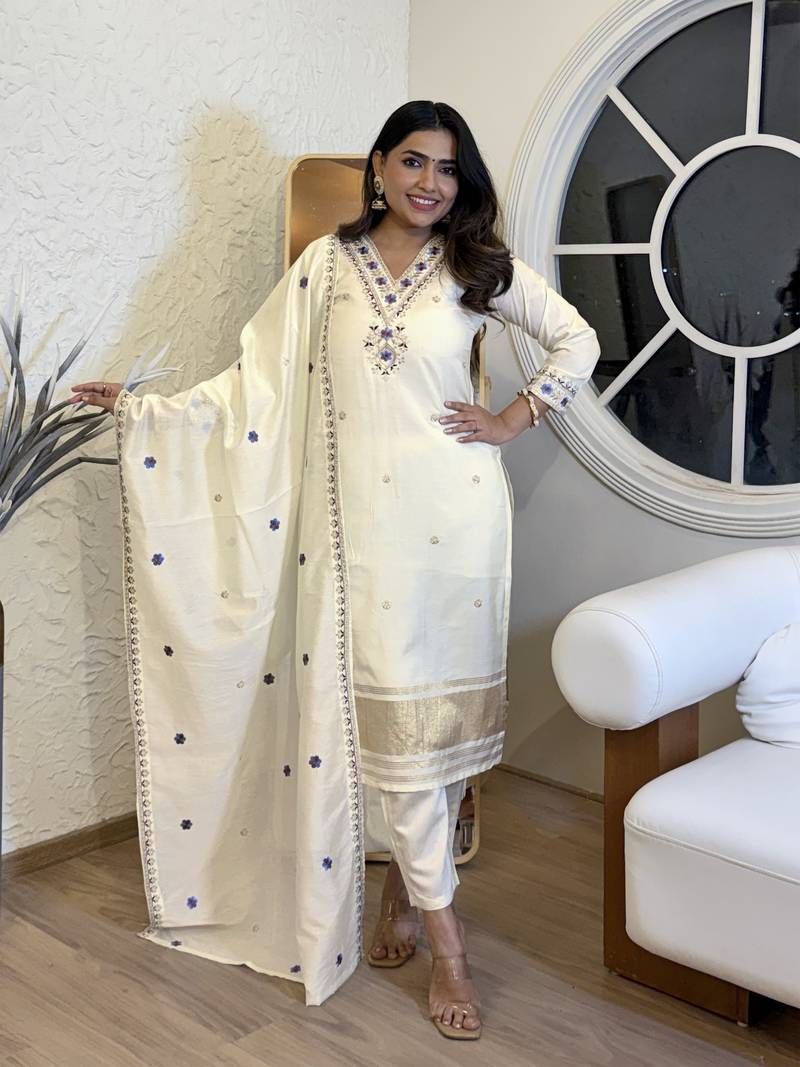 Women's Ivory Viscose Silk Kurta Set with Embroidered Neckline & 3/4 Sleeves