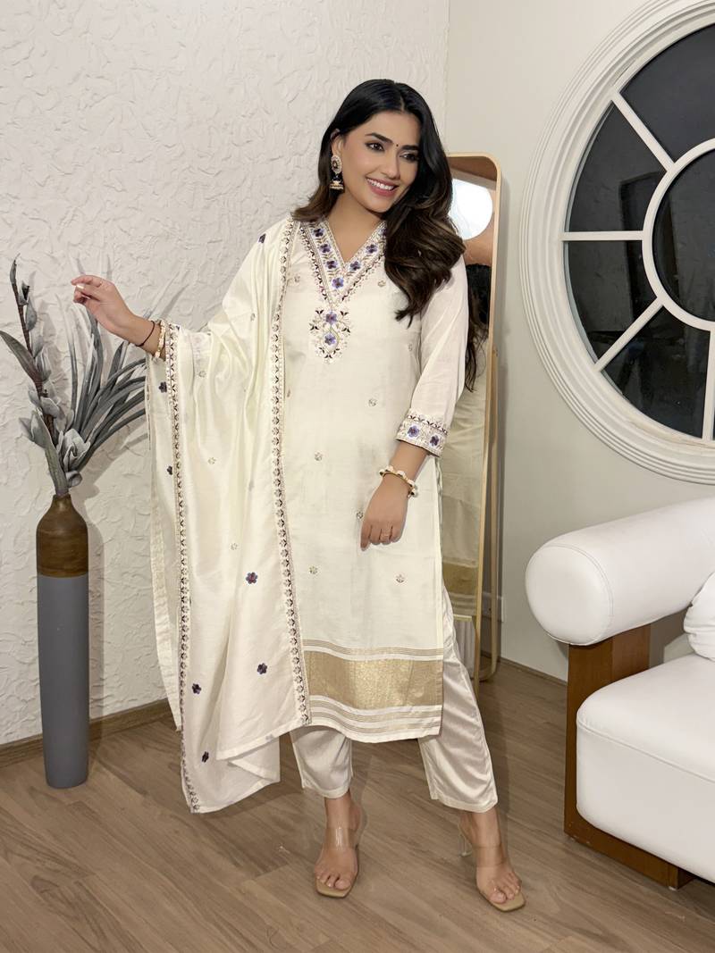 Women's Ivory Viscose Silk Kurta Set with Embroidered Neckline & 3/4 Sleeves
