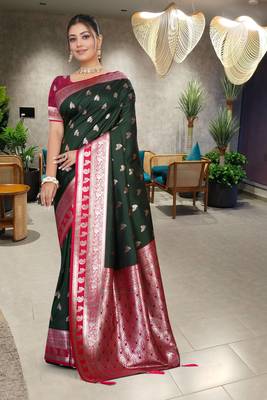 Dark Green Banarasi Silk Blend Saree with Rich Red Contrast Border & Gold Zari Weaving by Maharanga 1