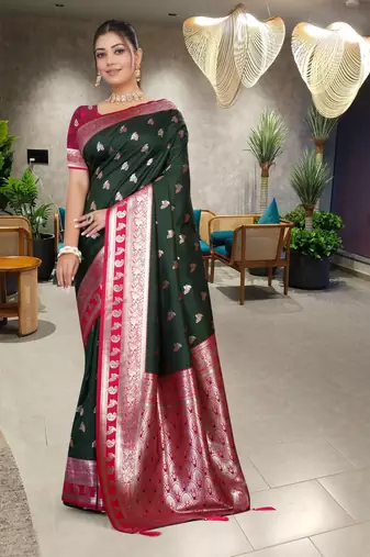 Dark Green Banarasi Silk Blend Saree with Rich Red Contrast Border & Gold Zari Weaving by Maharanga
