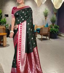 Dark Green Banarasi Silk Blend Saree with Rich Red Contrast Border & Gold Zari Weaving by Maharanga