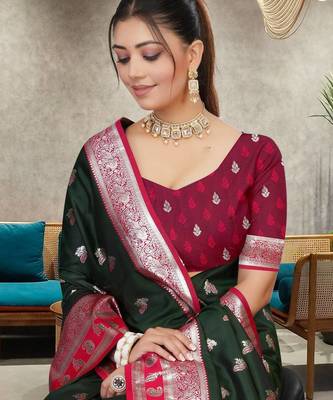 Dark Green Banarasi Silk Blend Saree with Rich Red Contrast Border & Gold Zari Weaving by Maharanga 2