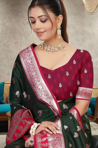 Dark Green Banarasi Silk Blend Saree with Rich Red Contrast Border & Gold Zari Weaving by Maharanga