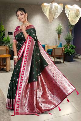 Dark Green Banarasi Silk Blend Saree with Rich Red Contrast Border & Gold Zari Weaving by Maharanga 3