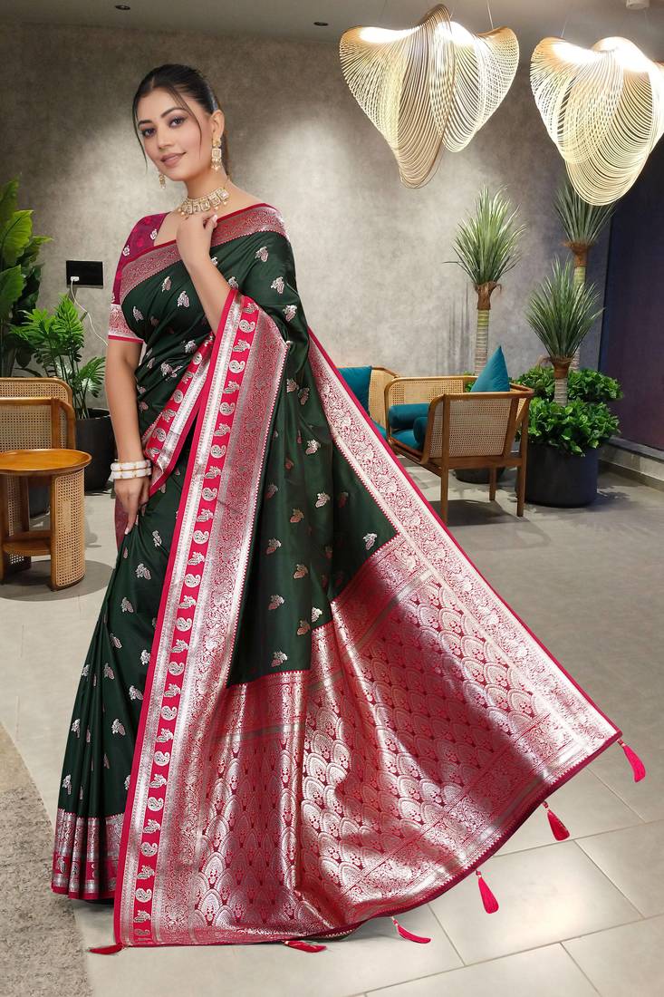 Dark Green Banarasi Silk Blend Saree with Rich Red Contrast Border & Gold Zari Weaving by Maharanga