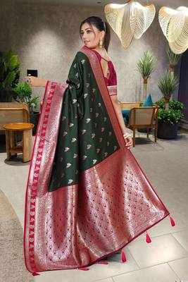 Dark Green Banarasi Silk Blend Saree with Rich Red Contrast Border & Gold Zari Weaving by Maharanga 4