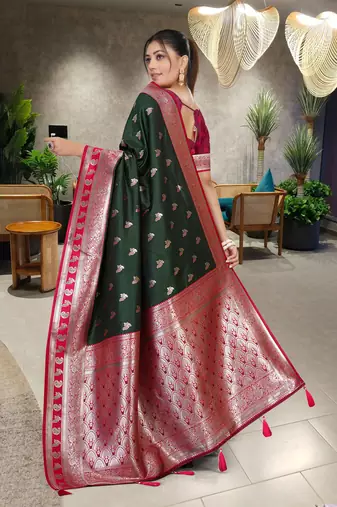 Dark Green Banarasi Silk Blend Saree with Rich Red Contrast Border & Gold Zari Weaving by Maharanga