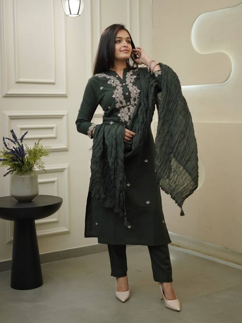Women Ethnic Motifs Embroidered Regular Thread Work Kurta with Trousers & With Dupatta
