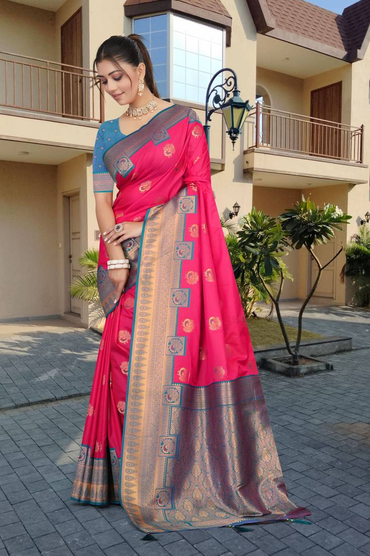 Vibrant Pink & Blue Banarasi Silk Blend Saree with Intricate Zari & Thread Weaving by Maharanga