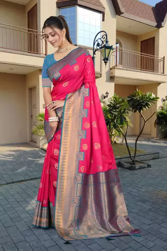 Vibrant Pink & Blue Banarasi Silk Blend Saree with Intricate Zari & Thread Weaving by Maharanga
