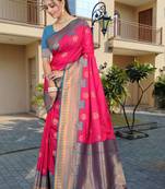 Vibrant Pink & Blue Banarasi Silk Blend Saree with Intricate Zari & Thread Weaving by Maharanga