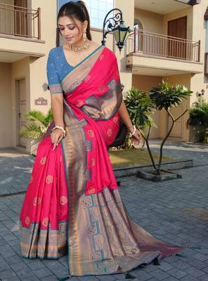Vibrant Pink & Blue Banarasi Silk Blend Saree with Intricate Zari & Thread Weaving by Maharanga 2