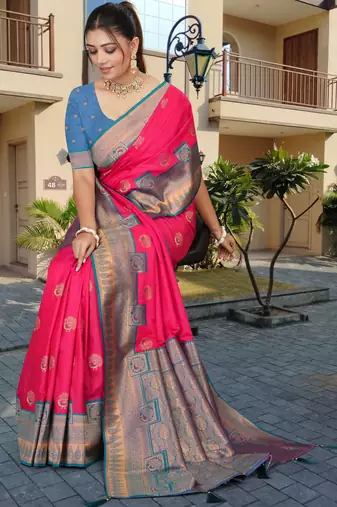 Vibrant Pink & Blue Banarasi Silk Blend Saree with Intricate Zari & Thread Weaving by Maharanga