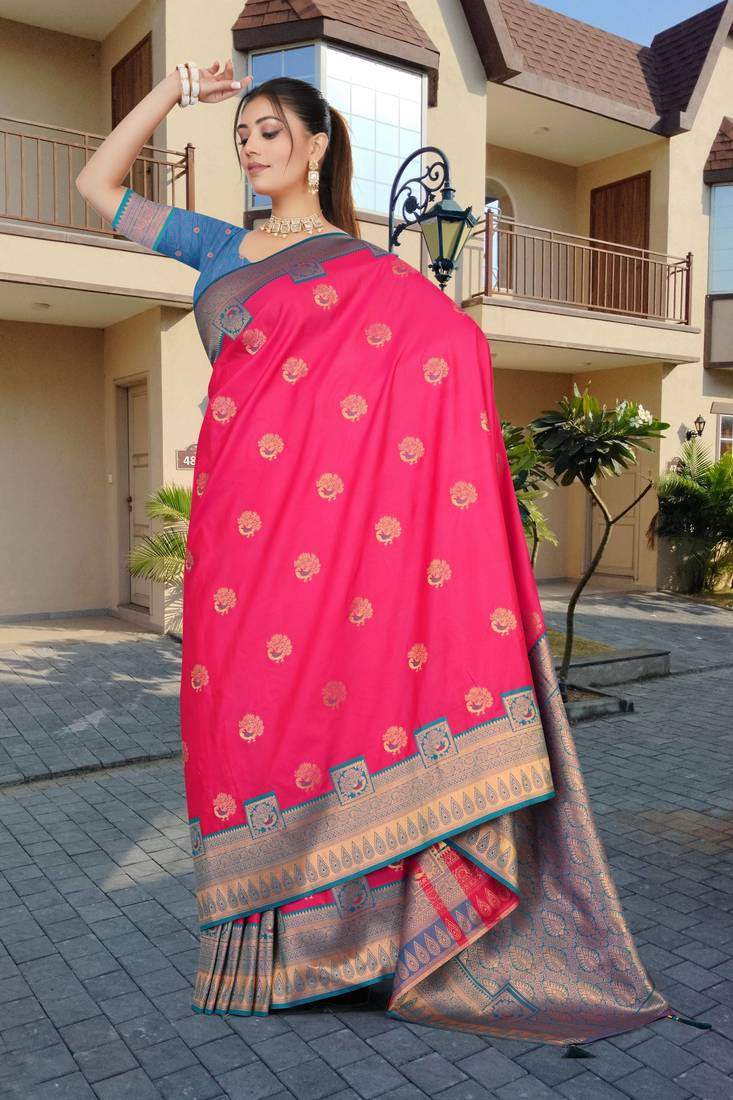 Vibrant Pink & Blue Banarasi Silk Blend Saree with Intricate Zari & Thread Weaving by Maharanga