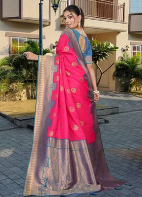 Vibrant Pink & Blue Banarasi Silk Blend Saree with Intricate Zari & Thread Weaving by Maharanga 4