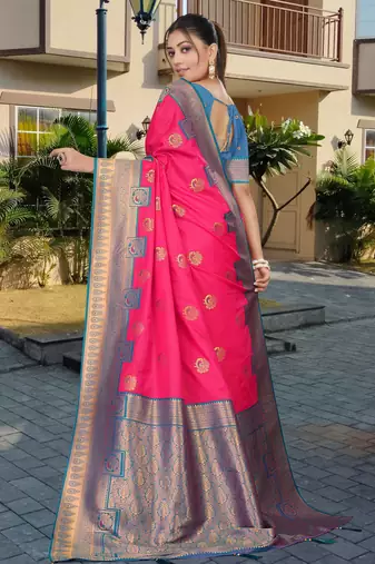 Vibrant Pink & Blue Banarasi Silk Blend Saree with Intricate Zari & Thread Weaving by Maharanga