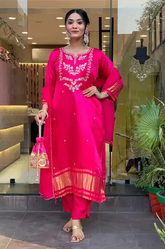 Embroidered Viscose Silk Kurta Set with Canderi Cotton Dupatta