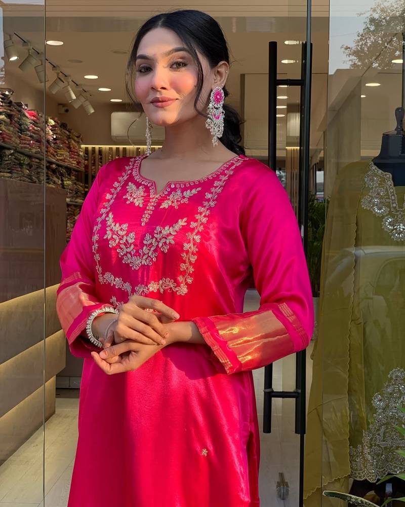 Embroidered Viscose Silk Kurta Set with Canderi Cotton Dupatta