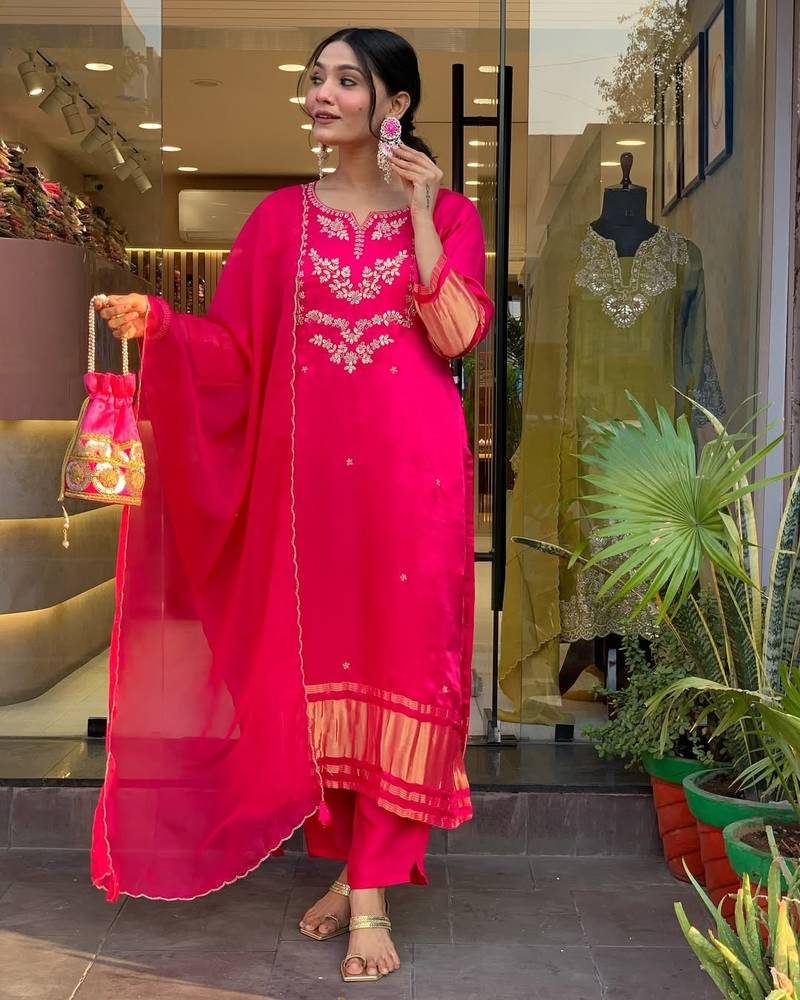 Embroidered Viscose Silk Kurta Set with Canderi Cotton Dupatta