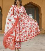 Cotton Slub Printed Kurti Set with Silk Dupatta V Neck Three Quarter Sleeves Lace Work
