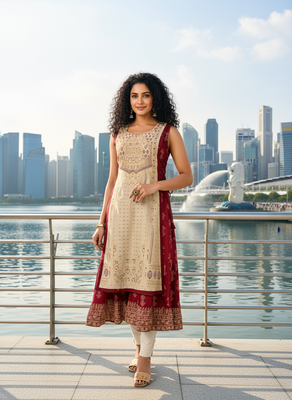 Beige premium cotton inner with chanderi layered jacket kurti set 1