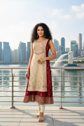 Yellow premium cotton inner with chanderi layered jacket kurti set