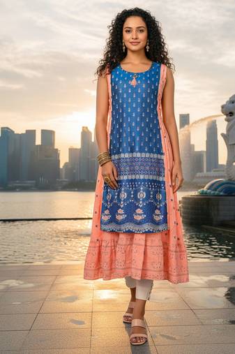 Light green  cotton inner with chanderi layered jacket kurti set