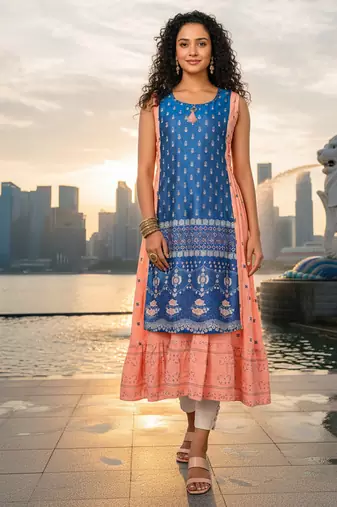 Light green  cotton inner with chanderi layered jacket kurti set