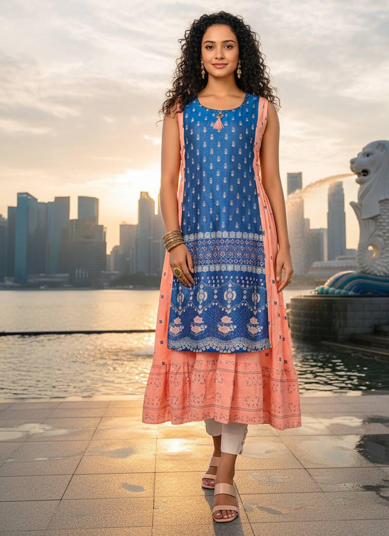 Light green  cotton inner with chanderi layered jacket kurti set