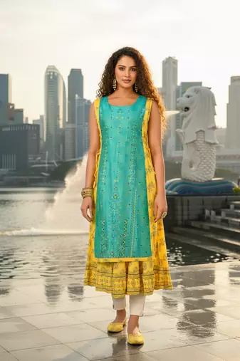 Derk blue  cotton inner with chanderi layered jacket kurti set