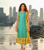 Derk blue  cotton inner with chanderi layered jacket kurti set