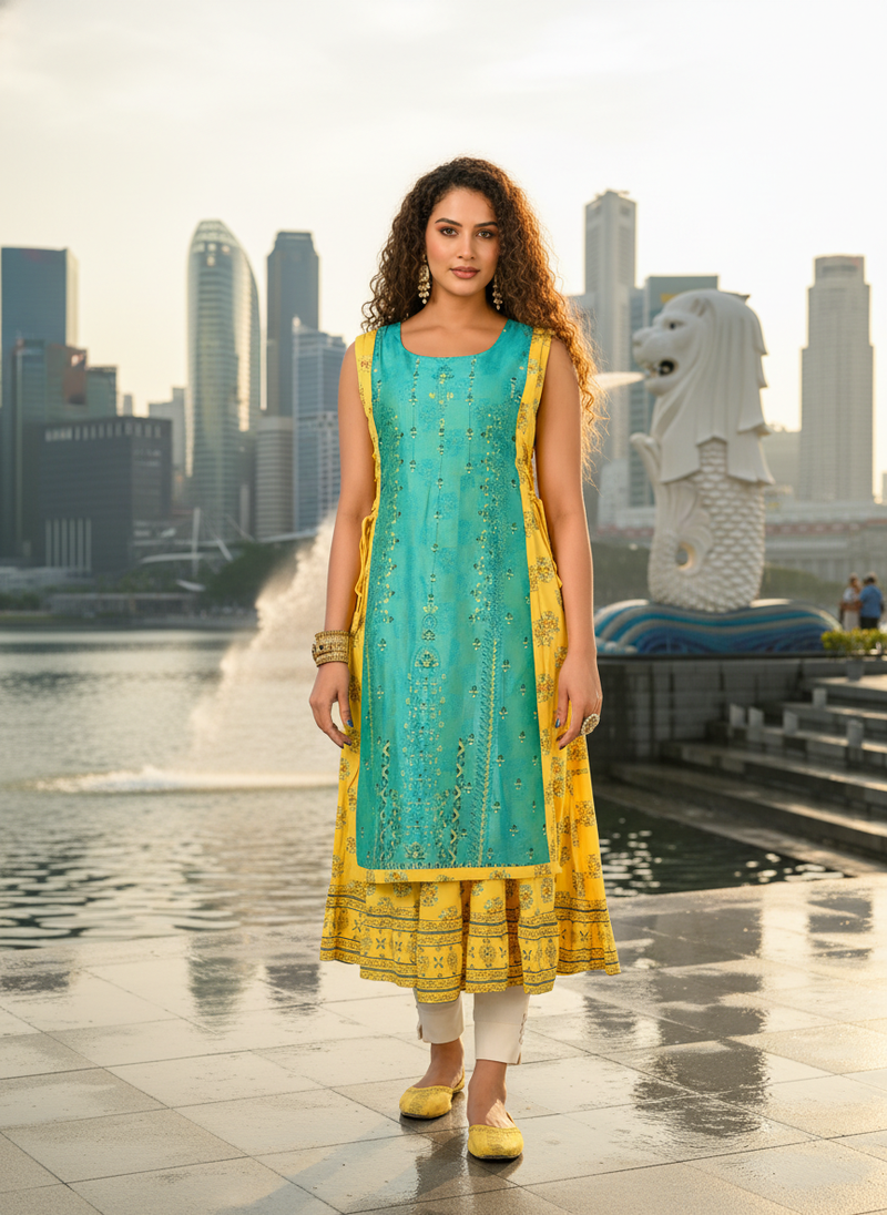 Derk blue  cotton inner with chanderi layered jacket kurti set