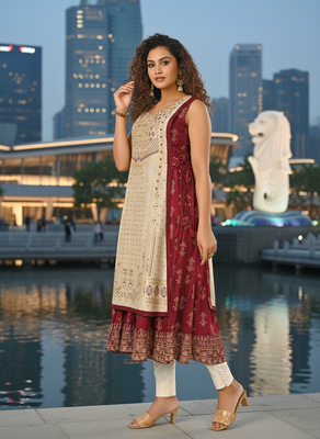 Beige premium cotton inner with chanderi layered jacket kurti set 2