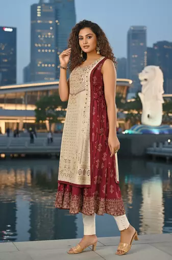 Beige premium cotton inner with chanderi layered jacket kurti set