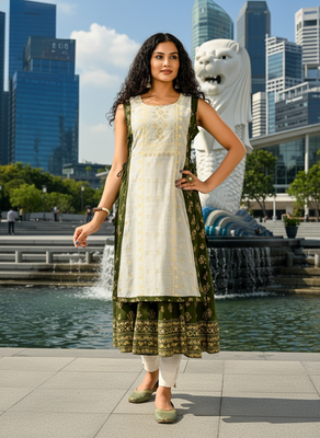 Olive green cotton inner with chanderi layered jacket kurti set 1