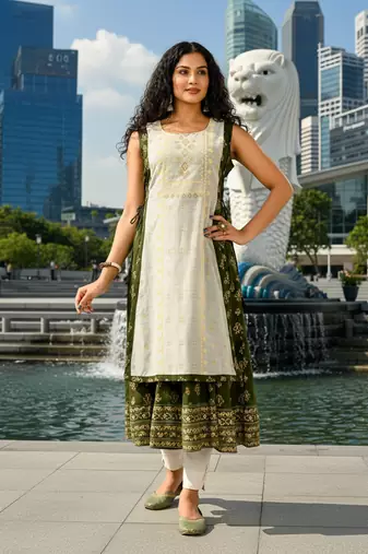 Derk green  cotton inner with chanderi layered jacket kurti set