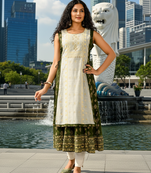 Derk green  cotton inner with chanderi layered jacket kurti set