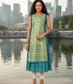 Derk green  cotton inner with chanderi layered jacket kurti set