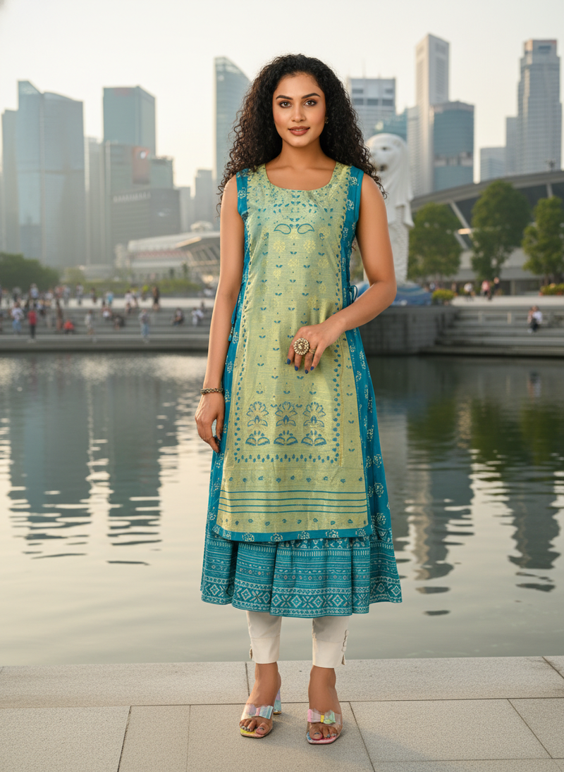 Derk green  cotton inner with chanderi layered jacket kurti set