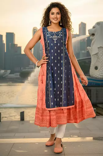 Light green  cotton inner with chanderi layered jacket kurti set