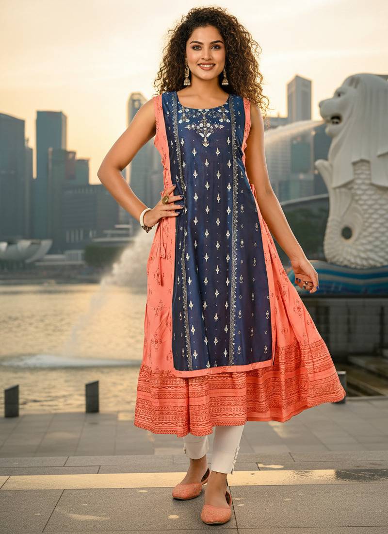 Light green  cotton inner with chanderi layered jacket kurti set